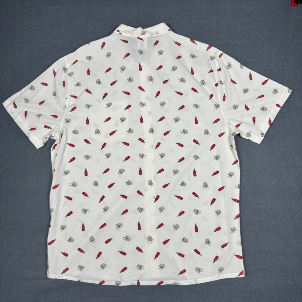Sriracha Takeout Print Men's Button-Down Tee, Small, Off White,Cool Rayon Fabric